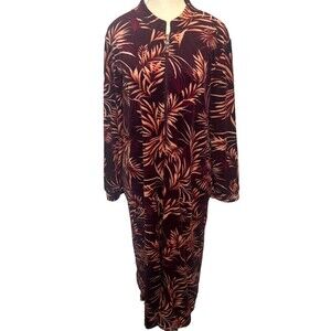 MISS ELAINE Long Sleeve Plush Fleece Zip Front LEAF Print Robe SZ Small